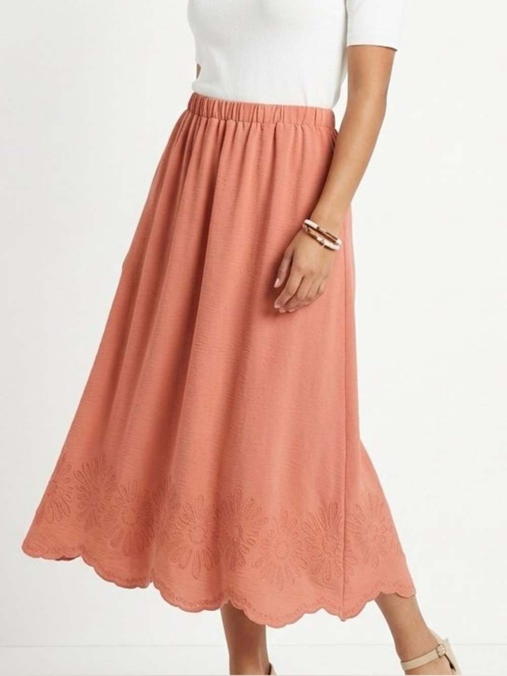Adrianna Papell Coral Daisy Embroidered Scalloped Hem Midi Skirt XL